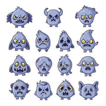 Cartoon Monster Characters Set: Blue Creatures Expressions