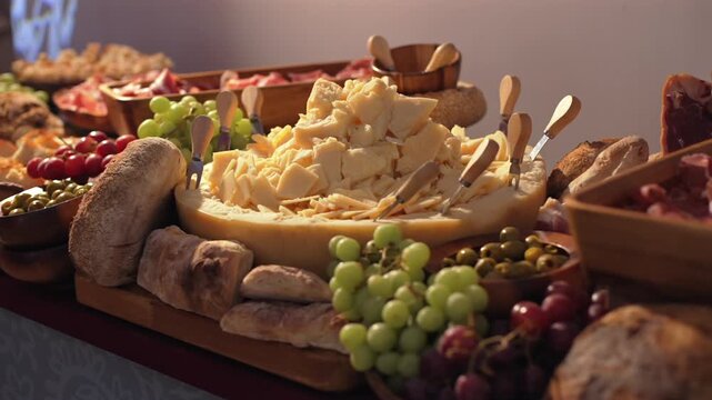 A large table of hams, cheeses and fruits at a wedding