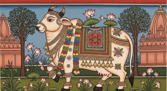 Traditional Indian Painting of a Sacred Cow adorned with Festive Decorations.