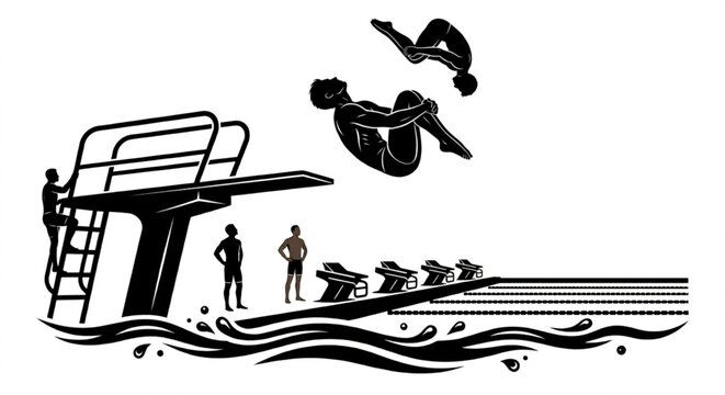 Divers performing somersault flips from diving board platform vector illustration