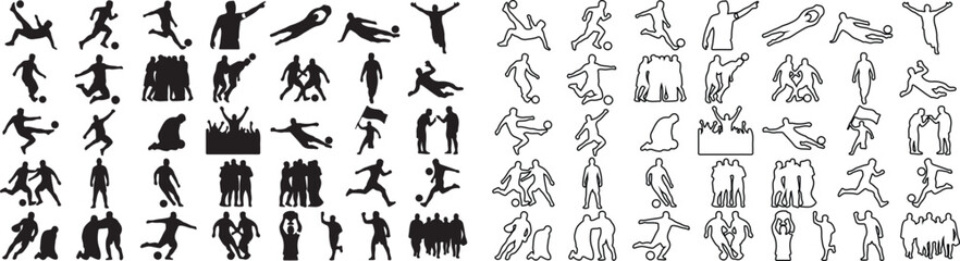 Soccer player silhouettes and outline icons set, football athletes in action poses, 84 vector elements for sports graphic design and competition branding © newez