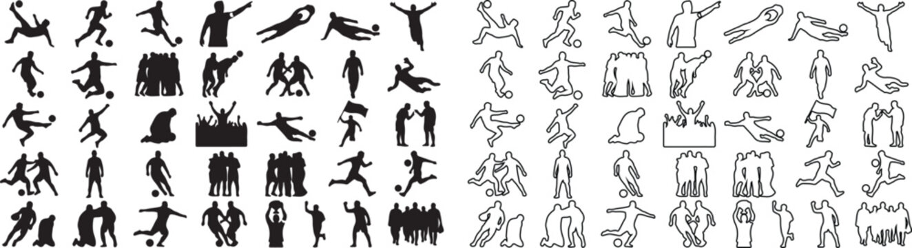 Soccer player silhouettes and outline icons set, football athletes in action poses, 84 vector elements for sports graphic design and competition branding