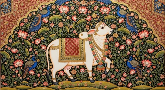 Traditional Indian Painting of a Sacred Cow Adorned with Flowers and Peacocks.