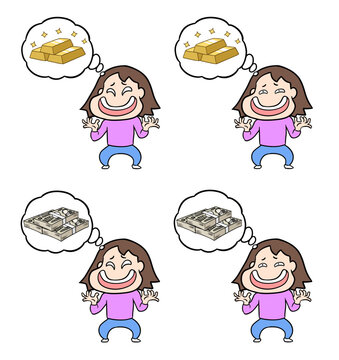 金塊や札束を思い浮かべて「げへへ」と怪しく笑う強欲で腹黒い女性のコミカルなイラストセット