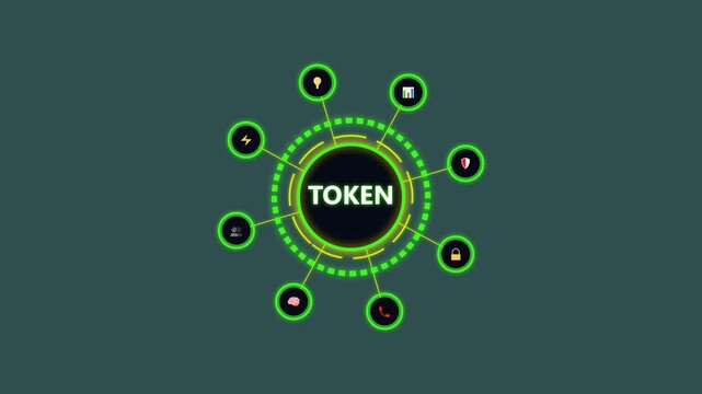 Digital token concept with glowing green hud interface and various technology icons.