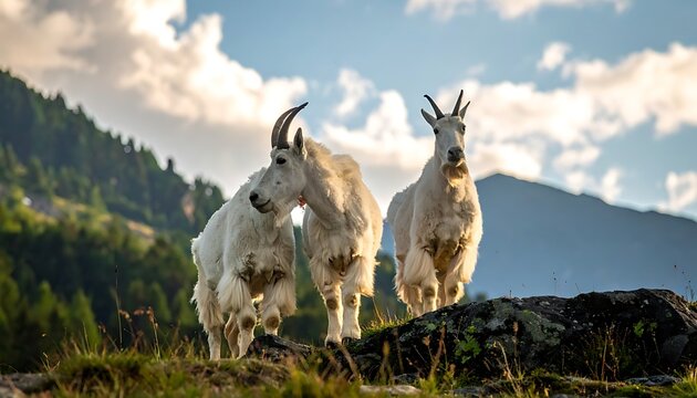 Three white goats standing on grassy hill with mountains