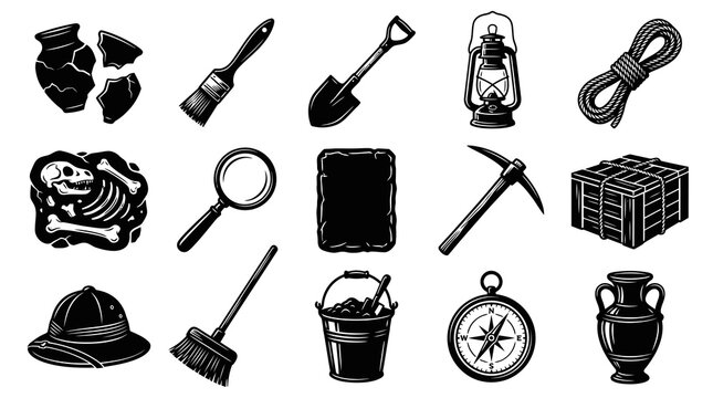 Black and White Archaeology Icons: Tools, Artifacts, Excavation Symbols