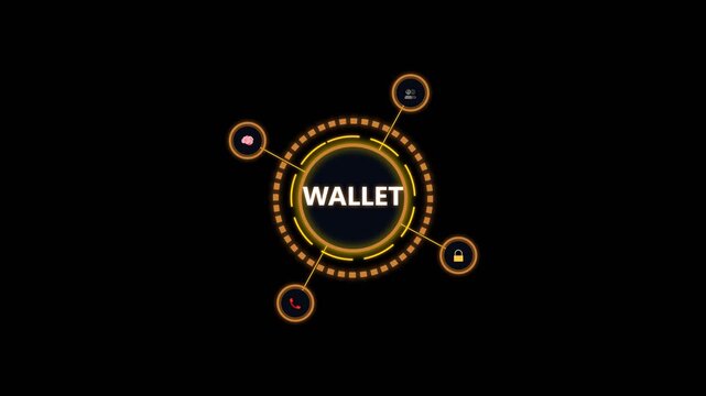 Digital wallet concept with glowing orange hud icons and futuristic interface styles