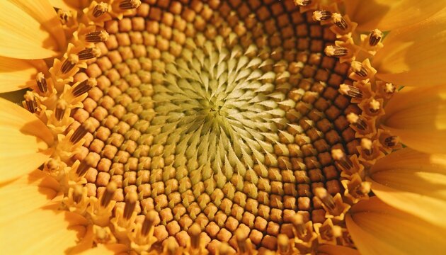 Showing single sunflower head revealing spiral disk florets and seed rows in field, with pollen