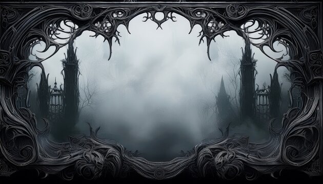 gothic frame with dark decorative corners and ghostly fog