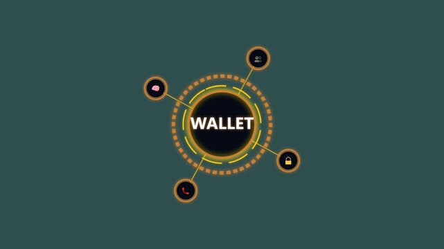 digital wallet security concept with icons for protection and finance on a dark blue