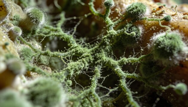Showing green mycelium and hyphae spreading on decaying substrate, with spore heads and droplets