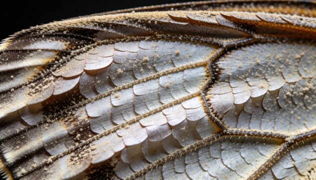 Highlighting insect wing in macro studio, showing rows of silvery-blue scales, veins and setae