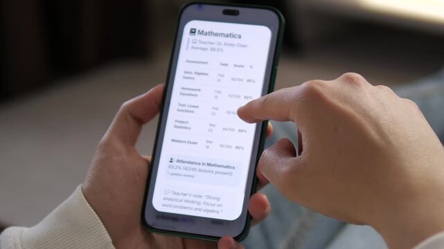 Reviewing a detailed Mathematics assessment screen on a smartphone. The interface shows quiz scores, homework grades, and a midterm exam result. Perfect for student dashboards, parent portals, and