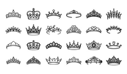 Luxury tiara and bridal crown line art vector set with princess diadem wedding accessories © Liton