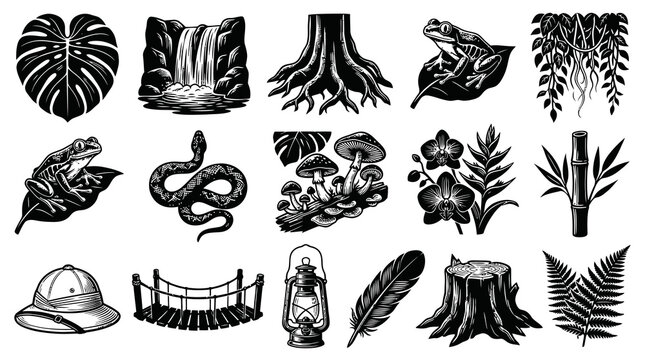 Black and White Engraving Style Jungle Icons: Frog, Snake, Waterfall, Plants