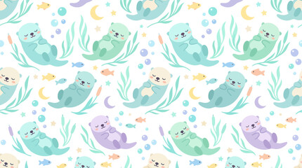 Obraz premium Cute Otter Pattern - Adorable Animal Seamless Background, Flat Vector Illustration