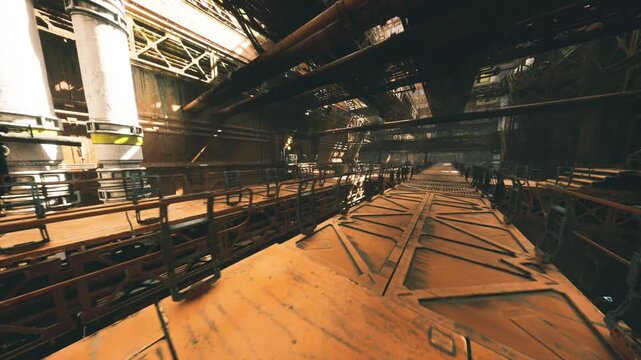 long rusted transit aisle with repeating platforms, overhead supports casting patterned shadows, industrial atmosphere with hot highlights and heavy metal