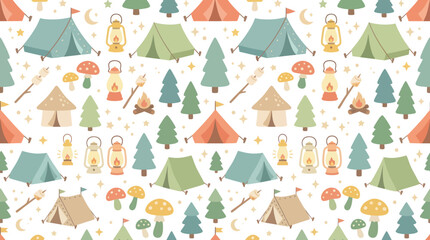 Fototapeta premium Cute Camping Flat Illustration Seamless Pattern for Outdoors and Nature with Tents, Lanterns, and Trees