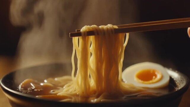 extreme macro shot of steaming ramen noodles lifted with wooden chopsticks