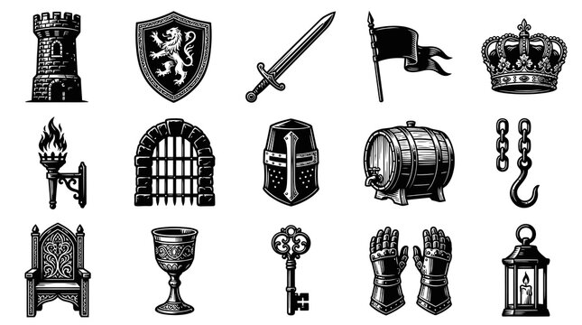 Medieval Icon Set: Castle Tower, Sword, Shield, Crown, Helmet, Barrel, Keys, Chair, Torch