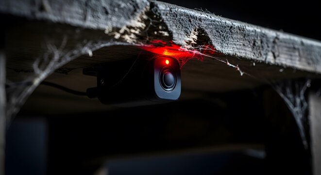 A small black security camera with a glowing red light mounted under a dusty, cobweb-covered wooden surface in a dark environment.