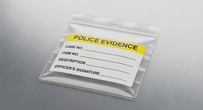 A clear plastic police evidence bag with a yellow and white label for case details, item number, description, and officer's signature, on a grey background.