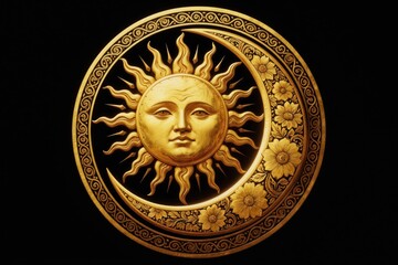 Fototapeta premium Golden sun and moon emblem on black background. Decorative celestial circle features floral patterns. Intricate gold design symbolizes duality, day and night.