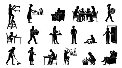 Obraz premium Black White Silhouettes of Family Life, Home Activities, and Household Chores Vector