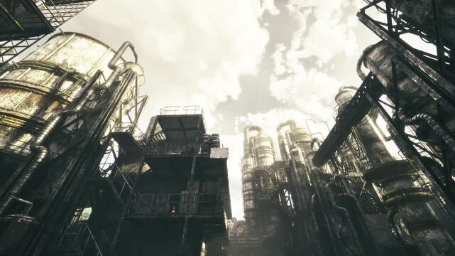twilight skyline casts apocalyptic industrial silhouettes, dramatic clouds and deep shadows framing rusted towers and disused pipework with cinematic