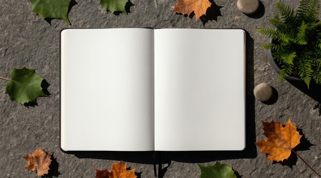 Open notebook rests on rough stone surface. Green and autumn leaves surround blank pages. Small plant and pebbles add natural detail. Useful for design, writing, or organization.