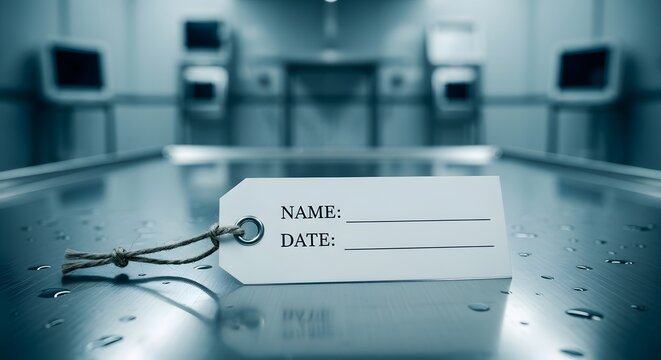 A blank toe tag with 'NAME:' and 'DATE:' fields lies on a wet, metallic morgue slab in a sterile, cool-toned autopsy room.