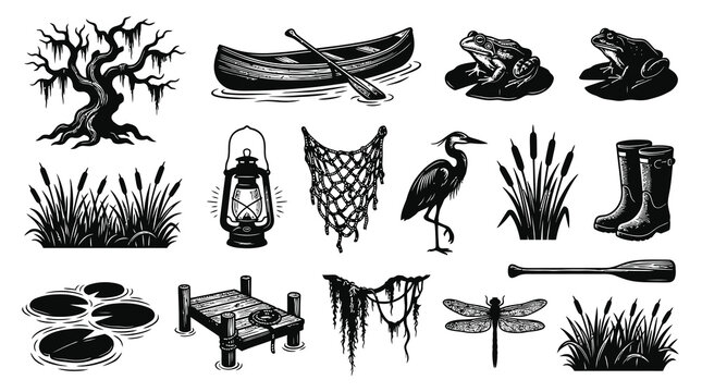 Swamp Wetland Life Black and White Line Art Icons Collection - Animals, Plants, and Outdoor Accessories Set