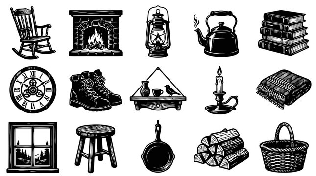 Cozy Home and Rustic Lifestyle Objects Collection in Vintage Engraving Style Black and White Art