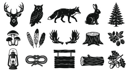 Obraz premium Black and White Forest Wildlife and Nature Icons - Vector Art