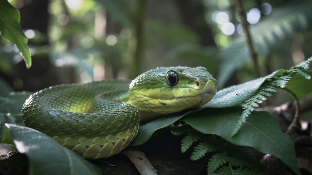 Macro Portrait of a Green Pit Viper Resting on Tropical Jungle Leaves