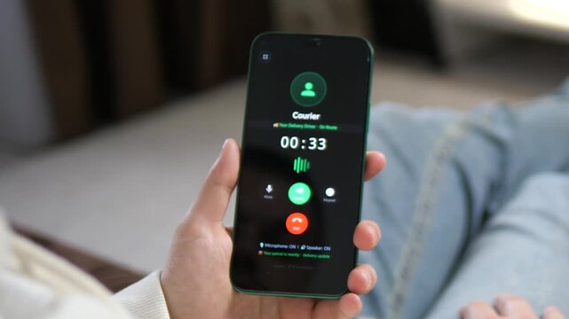 A man at home speaking with his delivery driver on a smartphone. High-quality footage of mobile app functionality with live parcel status. Essential for logistics, retail tech, and digital lifestyle