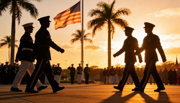 Marching uniformed guards moving in step on plaza at sunset, with American flag and dress uniforms