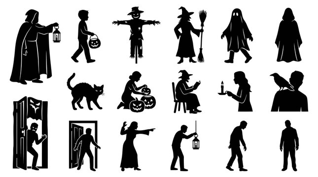 Halloween Characters Silhouette Vector Icons Set. Spooky Ghost Witch and Zombie Symbols Collection.