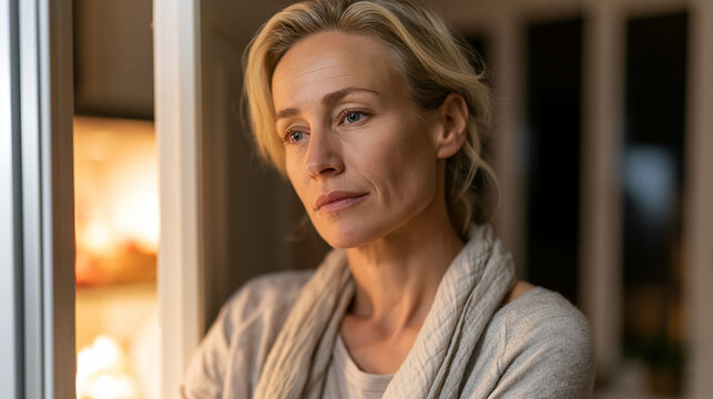 Woman in her early forties standing before a mirror in a small fitness studio, athletic wear on for the first time in years, expression caught between self-doubt and determination as she prepares to