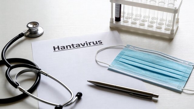 Medical examination setup featuring a report on Hantavirus, a stethoscope, mask, pen, and test tubes, emphasizing healthcare and prevention.