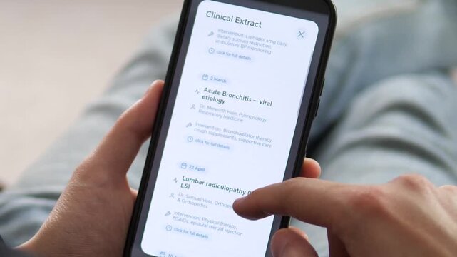 Scrolling through a patients clinical encounter history. The interface shows diagnoses for Essential Hypertension, Acute Bronchitis, and GERD with interventions. Ideal for illustrating medical records