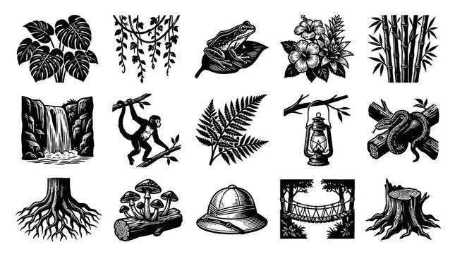 Black and White Jungle Icons: Waterfall, Monkey, Frog, Snake, Bamboo, Hat, Tree