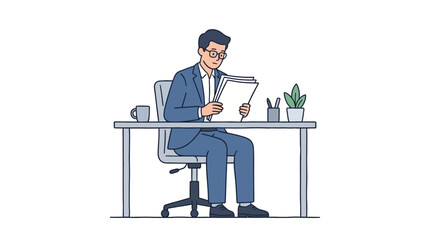 Fototapeta premium Focused Businessman Diligently Reading Important Documents at His Office Desk, isolated white background