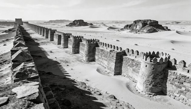 Running fortified wall stretching across desert plain, showing bastions, sand drifts, distant mesas