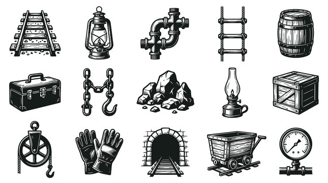 Black  White Line Art Mining Elements Set: Vintage Industry Tools  Equipment Icons