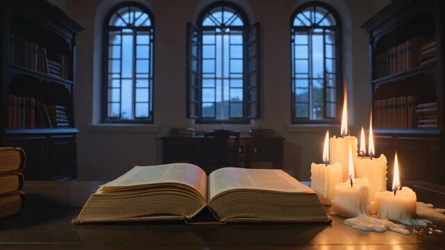 Open Book and Burning Candles in Old Library Study