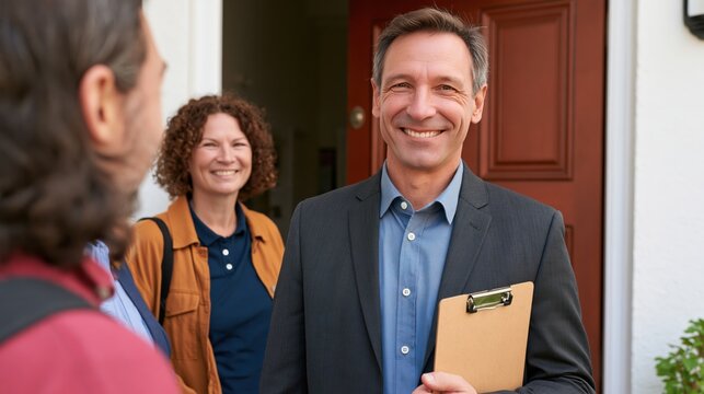 Smiling real estate agent welcoming clients at a home entrance