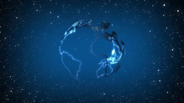 Glowing earth with lightning in starry space. Global planet symbol for international energy. Digital earth animation for space exploration.