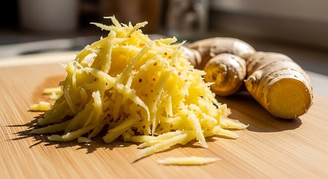 pile of freshly grated ginger root sits on a wooden cutting board next to whole ginger roots, ready for culinary use.